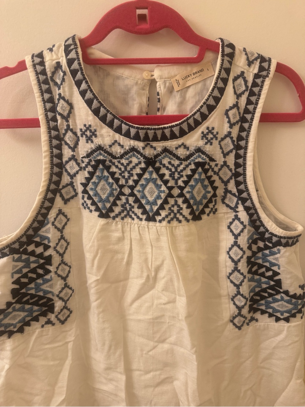 NWOT Lucky Brand Cream dress with Blue Geometric Embroidery - Picture 2 of 7